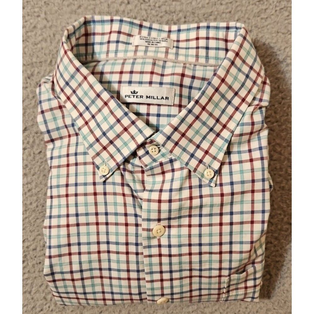 Peter Millar Plaid Button Up Dress Shirt Cotton Blend Stretch Men's Size 2XL XXL